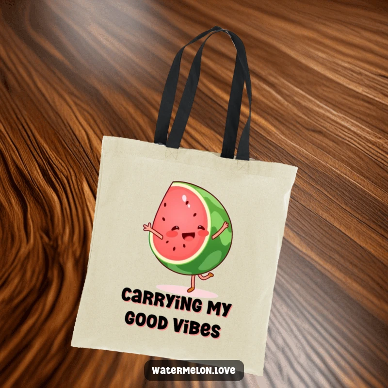 Funny watermelon cartwheel tote bag, a cheerful fruit wedge performing a gymnastic move, perfect for carrying joy.