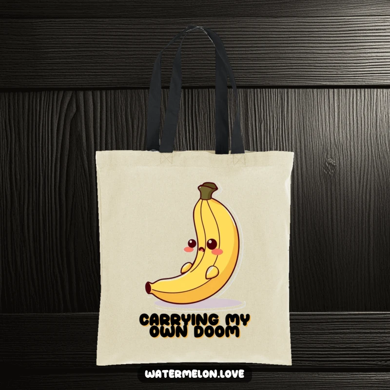 Funny tote bag featuring an anthropomorphic banana peel in a comical slipping motion, complete with a surprised face for a humorous touch.