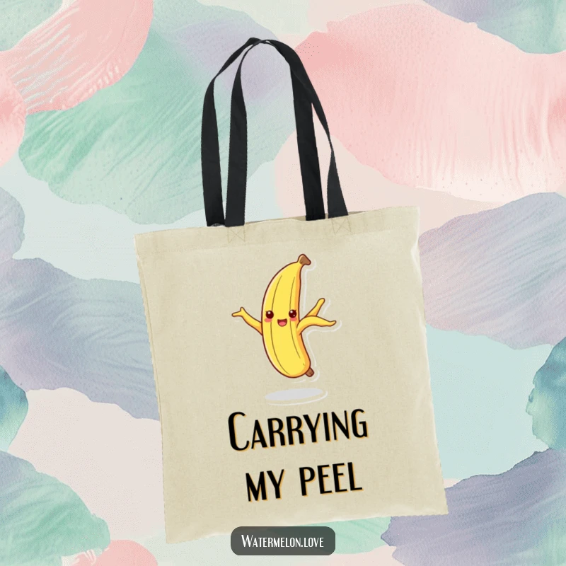 Funny dancing banana peel tote bag, a cheerful fruit peel in a silly dance pose on its tip.