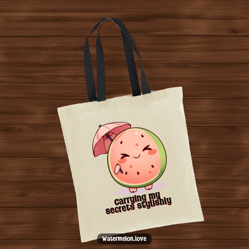Funny Kawaii watermelon slice tote bag winking and holding a tiny umbrella, a humorous and secretive accessory.