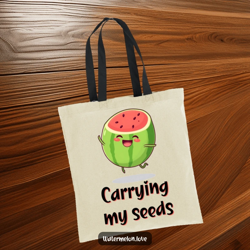 Funny watermelon tote bag, durable sack with anthropomorphic fruit character bouncing happily, practical and humorous accessory.