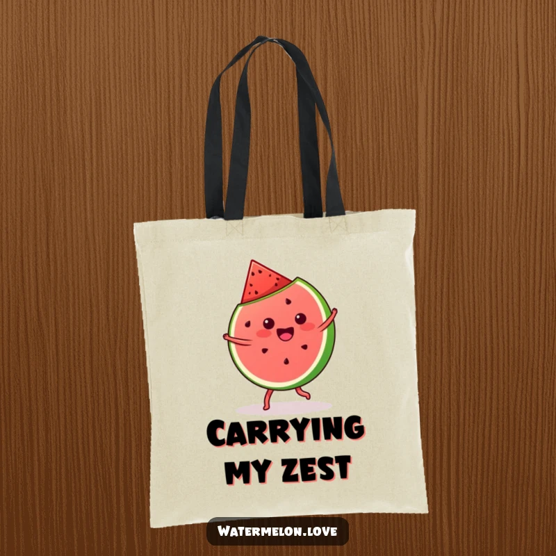 Funny kawaii watermelon slice doing a cartwheel, printed on a durable and humorous tote bag for everyday use.