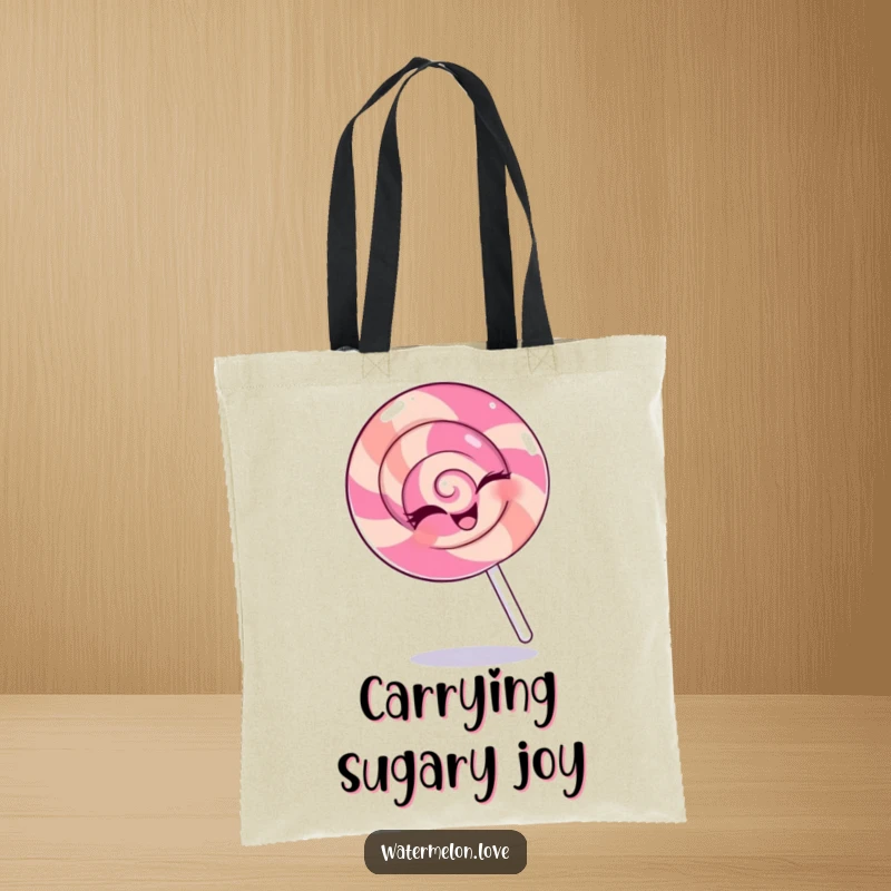 Funny tote bag featuring a winking anthropomorphic lollipop spinning merrily, adding a touch of sweet fun to everyday use.