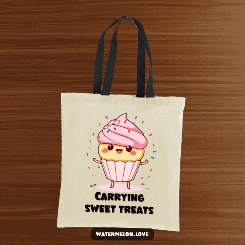 Funny Tote Bag: Anthropomorphic cupcake spinning vibrantly with sprinkles, a cheerful funny gift.