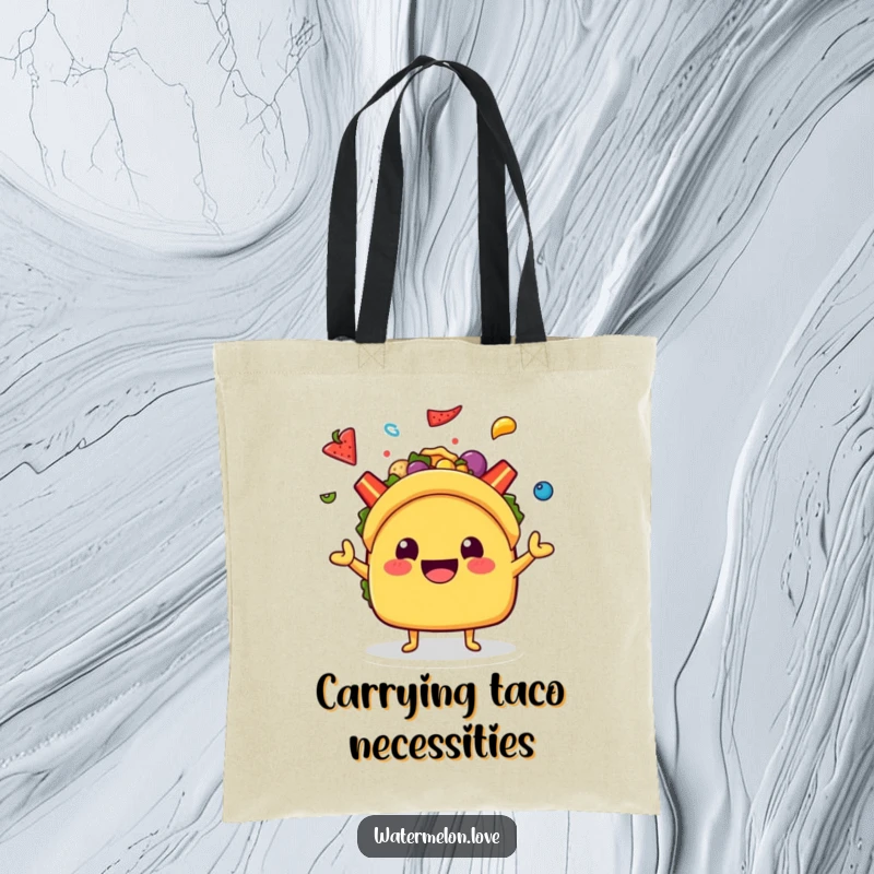 Funny Kawaii Taco Tote Bag: A smiling taco character juggling colorful toppings, ready to carry your items with festive flair.