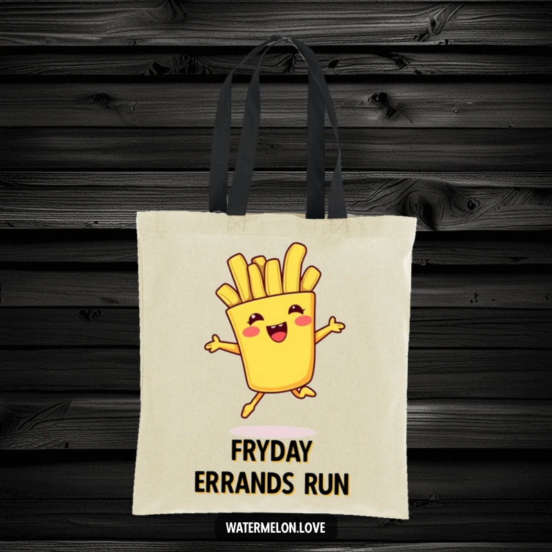 Funny tote bag designed with an anthropomorphic french fry leaping playfully, perfect for carrying daily essentials with a side of humor.