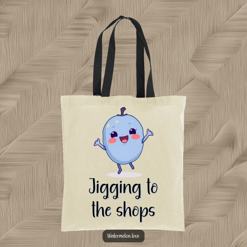 Funny Blueberry Tote Bag with a happy berry doing a little jig, perfect for carrying essentials with flair.