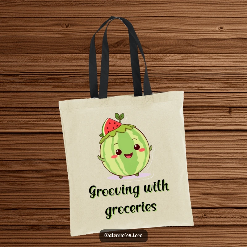 Funny Kawaii whole watermelon tote bag with a grinning leafy crown character doing a playful shimmy, great for shopping.