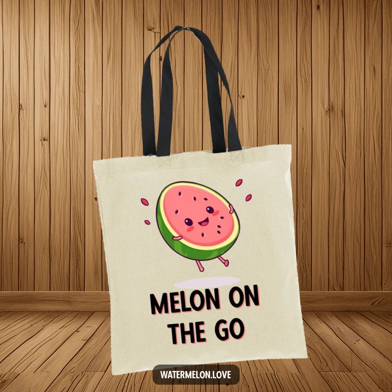Funny Kawaii smiling watermelon slice doing a cartwheel, seeds flying, a stylish and humorous tote for summer.