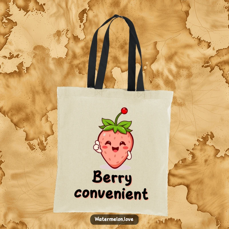 Funny Strawberry Tote Bag with a cherry on top, giving a thumbs up, perfect for carrying essentials with flair.