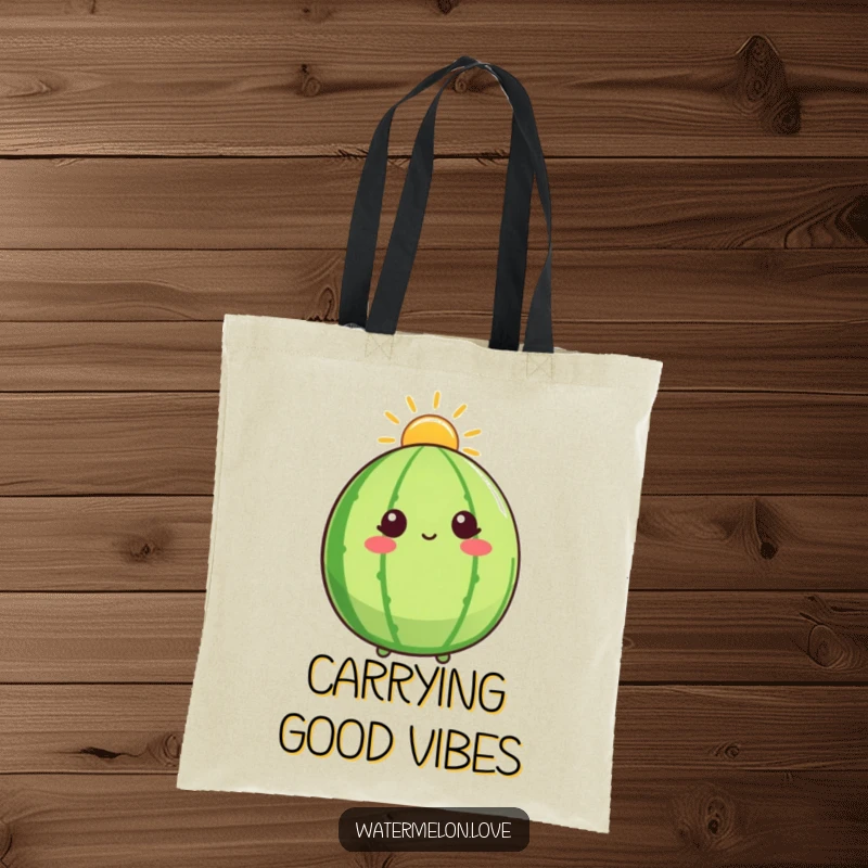 Funny tote bag with a watermelon character wearing a sunshine halo and looking up, symbolizing hope and radiant positivity.