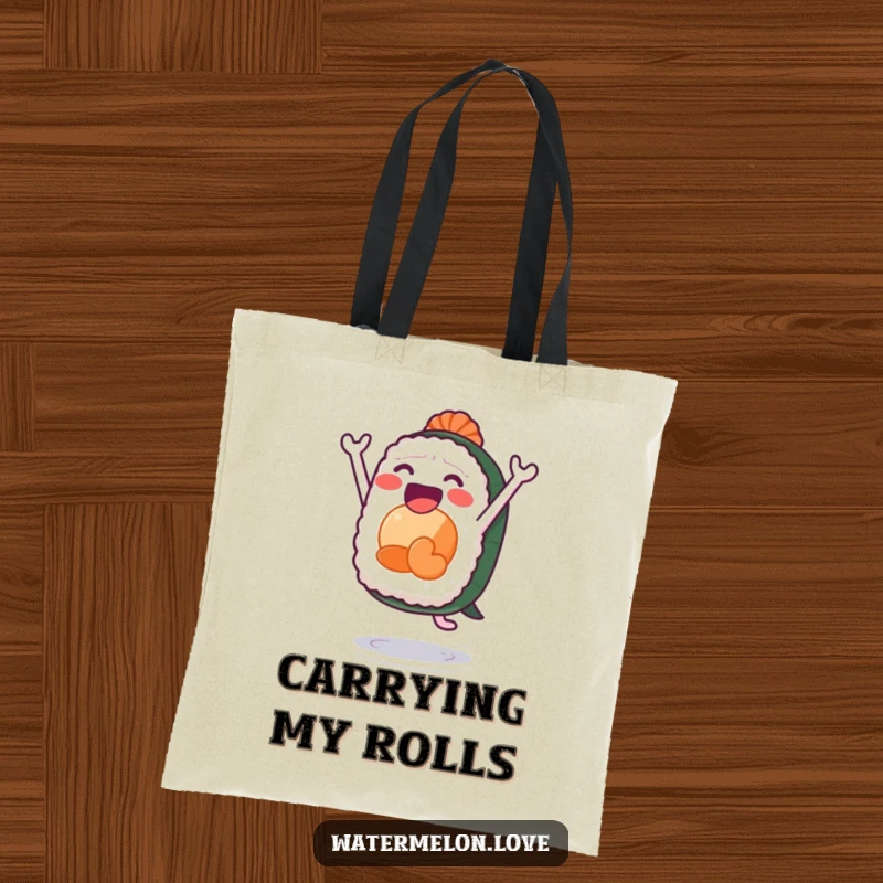 Funny sushi tote bag, durable sack with anthropomorphic sushi leaping joyfully, practical and humorous accessory.
