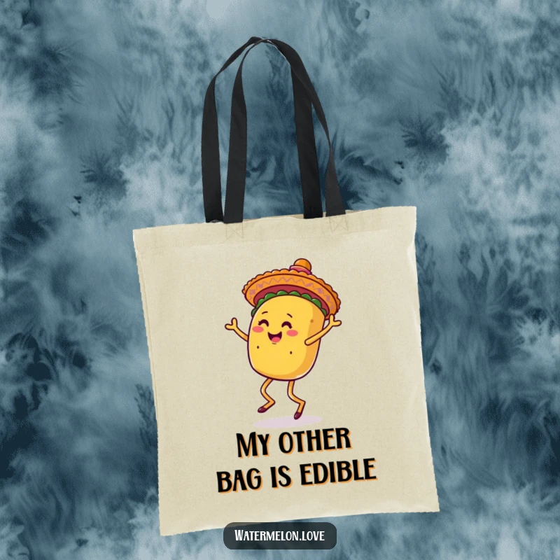 Funny tote bag with an anthropomorphic taco happily dancing under a sombrero, ready to carry your treasures.