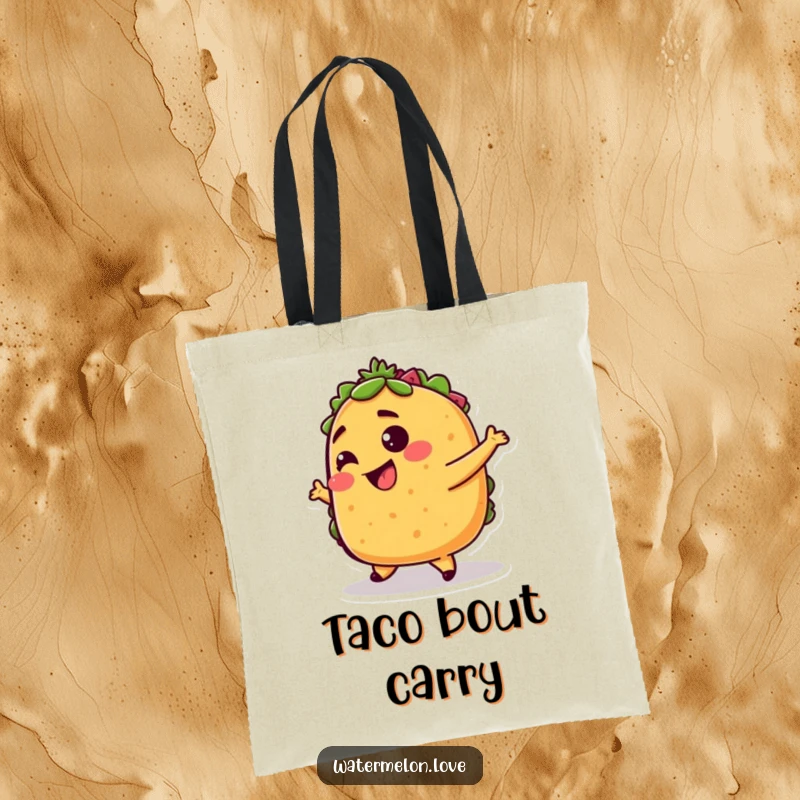 Funny taco tote bag, durable sack with anthropomorphic taco dancing joyfully, practical and humorous accessory.