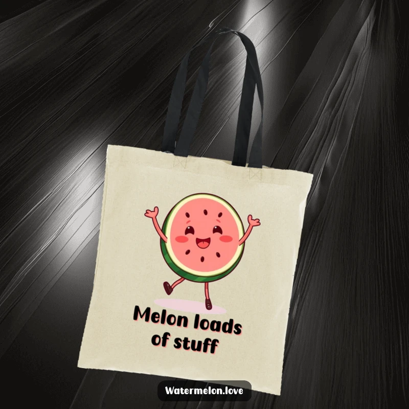 Funny watermelon slice tote bag depicted in a lively, bouncy dance, symbolizing fun and a zest for life in a practical accessory.
