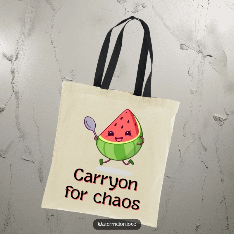Funny tote bag with a kawaii watermelon slice, sporting a cheeky grin and running with a giant spoon, a humorous and practical accessory.