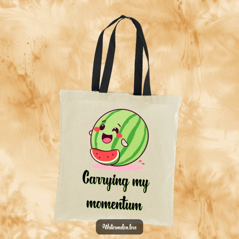 Stylized, happy watermelon tote bag shown rolling downhill with pure glee, symbolizing adventure and the joy of letting go.
