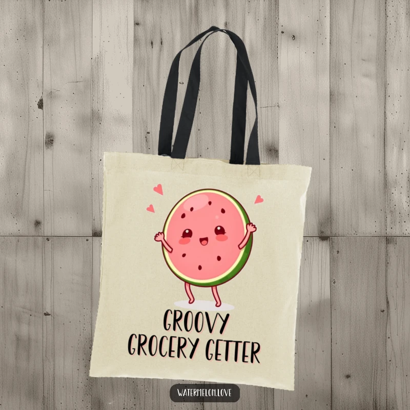 Funny tote bag with a cheerful watermelon slice character captured mid-silly dance, perfect for carrying joy and groceries.