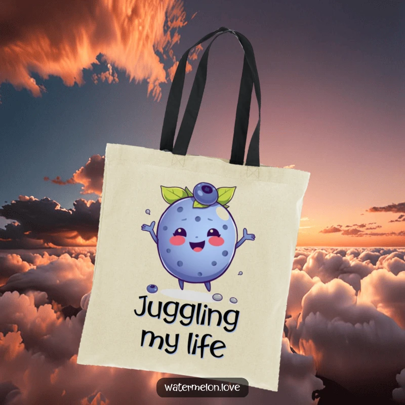 Funny tote bag designed with a jubilant anthropomorphic blueberry skillfully juggling tiny seeds, perfect for carrying daily essentials with joy.
