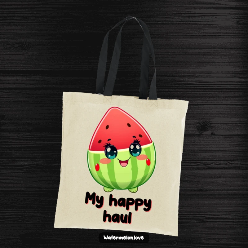 Funny tote bag showcasing a watermelon character with eyes wide with delight, an adorable depiction of pure, fruity excitement.