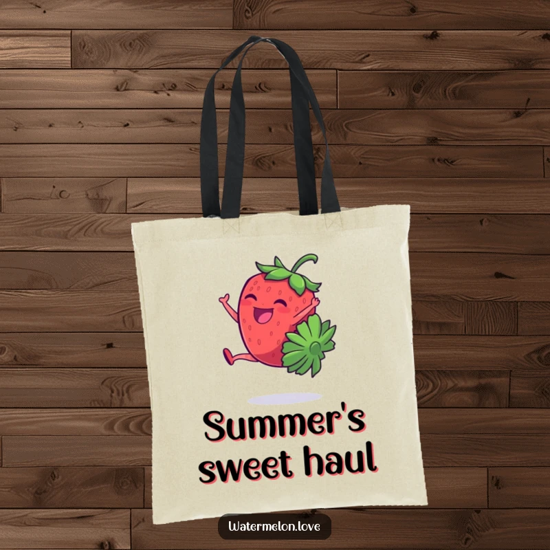 A funny, giggling strawberry character doing a cartwheel, featured on a practical and cheerful tote bag.