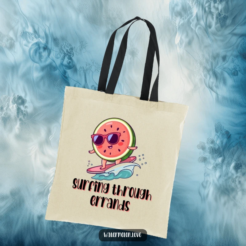 Funny kawaii watermelon slice wearing sunglasses surfing on a tiny wave, a humorous and practical tote bag.